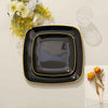 10 Pack | 7inch Black with Gold Rim Square Plastic Salad Party Plates, Dessert Appetizer Plates