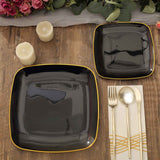10 Pack | 7inch Black with Gold Rim Square Plastic Salad Party Plates, Dessert Appetizer Plates