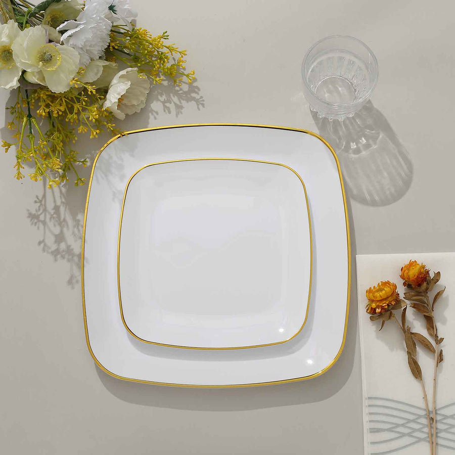 10 Pack | 7inch White with Gold Rim Square Plastic Salad Party Plates, Dessert Appetizer Plates