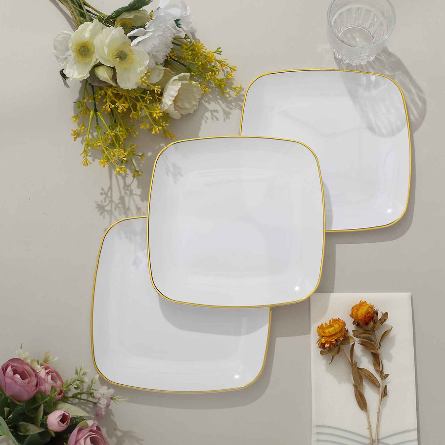 10 Pack | 7inch White with Gold Rim Square Plastic Salad Party Plates, Dessert Appetizer Plates
