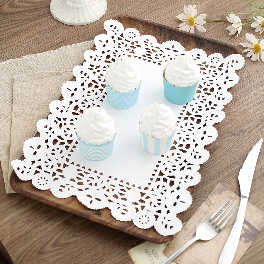 100 Pcs | 14inch x 10inch Rectangle White Lace Paper Doilies, Food Grade Paper Placemats