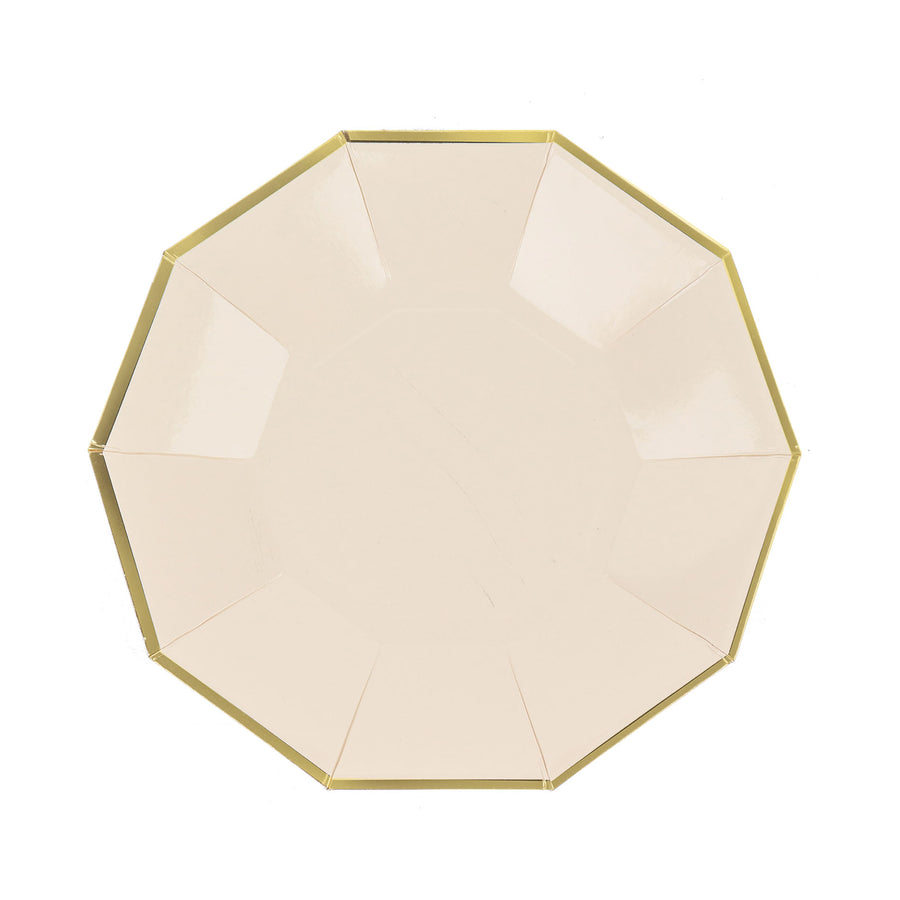 25 Pack | 7inch Beige Gold Foil Rim Geometric Appetizer Paper Plates, Decagon Dessert / Salad Plates#whtbkgd