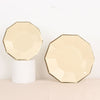 25 Pack | 7inch Beige Gold Foil Rim Geometric Appetizer Paper Plates, Decagon Dessert / Salad Plates