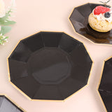 Black Geometric Dessert Salad Paper Plates, Disposable Appetizer Plates Decagon Shaped Gold Foil Rim