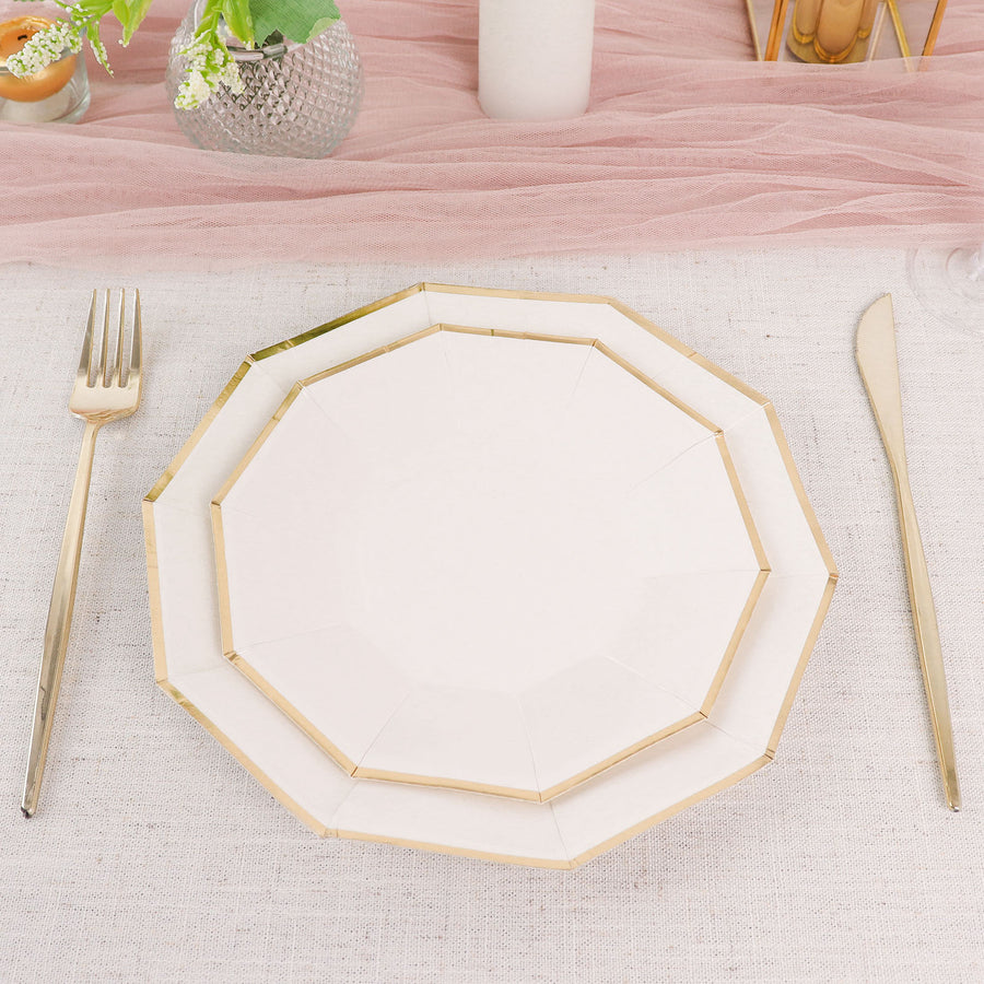 White 7inch Geometric Dessert Salad Paper Plates, Disposable Appetizer Plates Gold Foil Rim