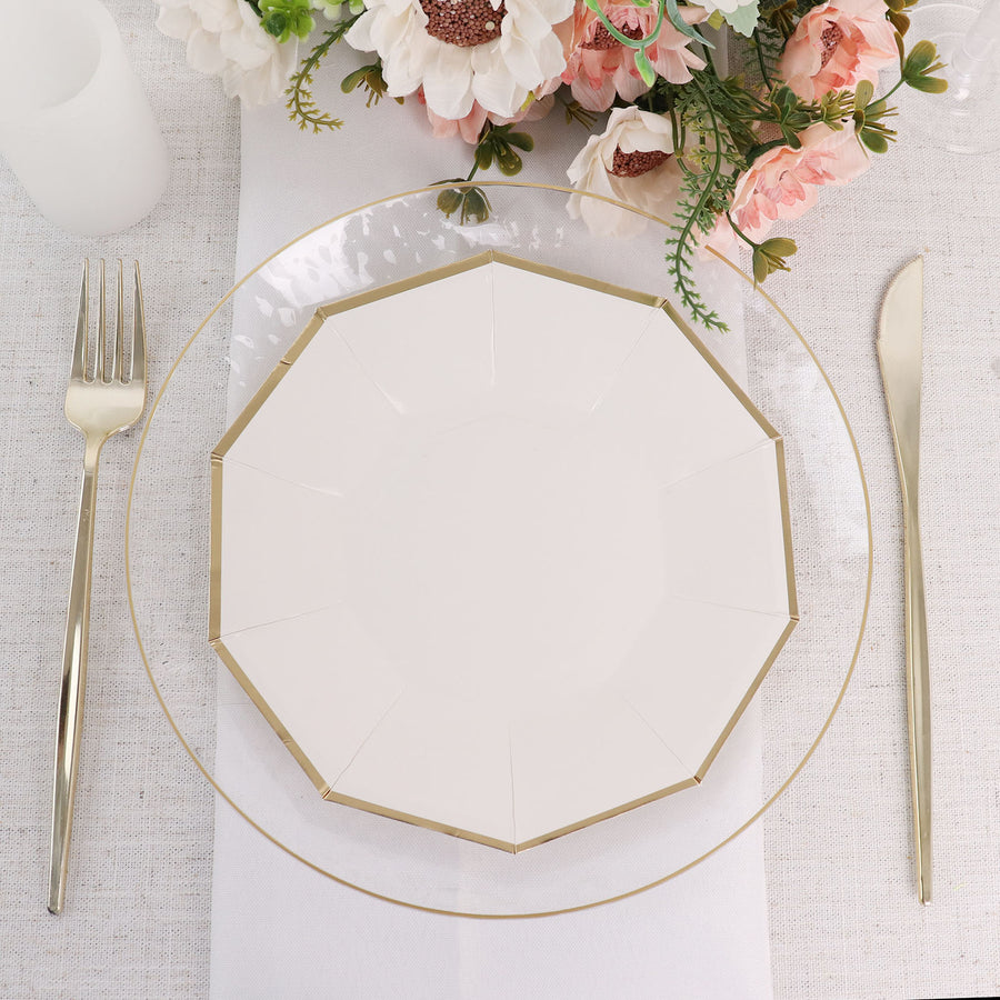 White 7inch Geometric Dessert Salad Paper Plates, Disposable Appetizer Plates Gold Foil Rim