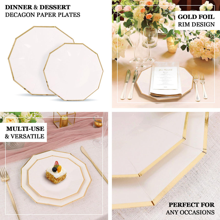 25 Pack | White 9inch Geometric Dinner Paper Plates, Disposable Plates With Gold Foil Rim