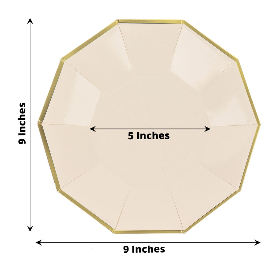 25 Pack | 9inch Beige Gold Foil Rim Geometric Dinner Paper Plates, Decagon Disposable Plates