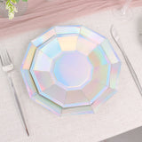 25 Pack | Iridescent 9inch Geometric Dinner Paper Plates, Disposable Plates with Decagon Rim