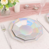 25 Pack | Iridescent 9inch Geometric Dinner Paper Plates, Disposable Plates with Decagon Rim