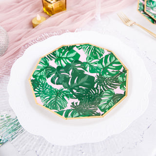 Tropical Palm Leaf 7" Dessert Salad Paper Plates in Pink/Green with Gold Rim