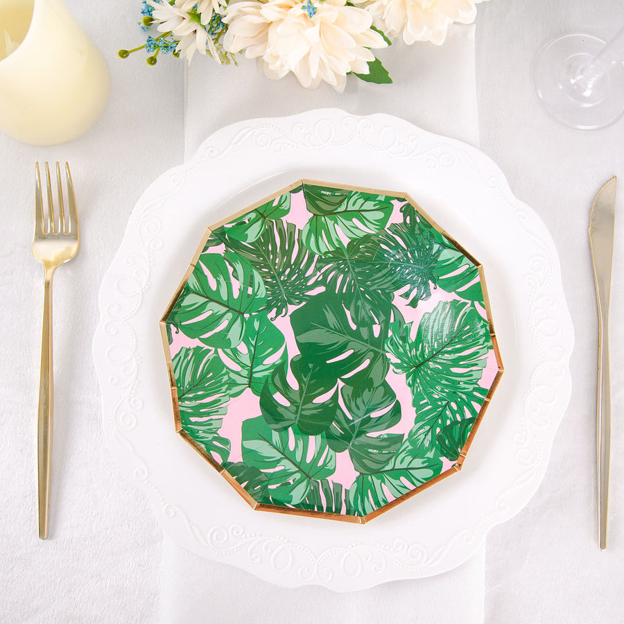 25 Pack | Tropical Palm Leaf 7inch Dessert Salad Paper Plates, Disposable Appetizer Plates Geometric