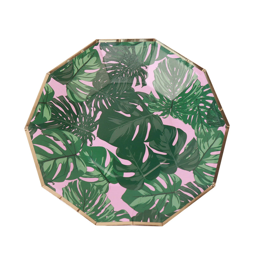 Tropical Palm Leaf 7inch Dessert Salad Paper Plates, Disposable Appetizer Plates Geometric#whtbkgd