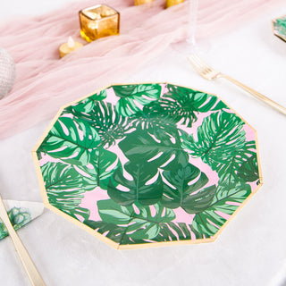 Create a Tropical Paradise with Pink/Green Palm Leaf Paper Plates
