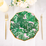 25 Pack | Tropical Palm Leaf 9inch Dinner Paper Plates, Disposable Plates Geometric With Gold Rim