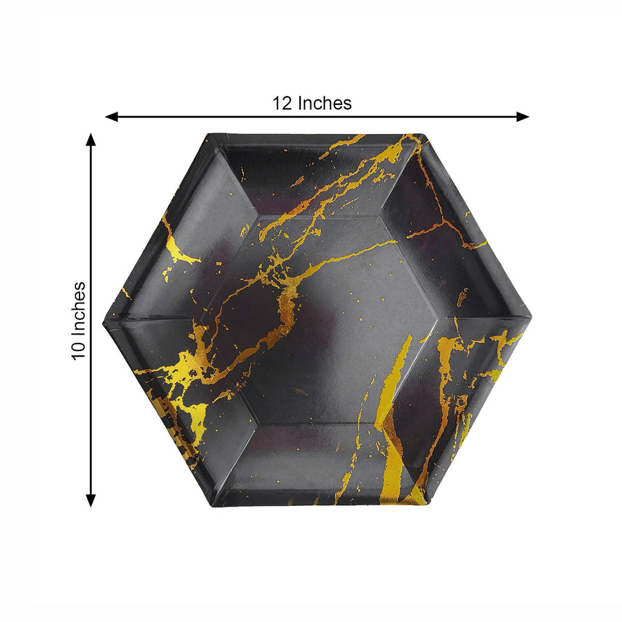 Black Marble 12inch Serving Dinner Paper Plates, Disposable Hexagon Geomtric Shaped Plates