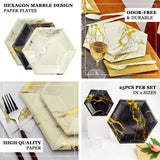 Ivory Marble 8.5inch Dessert Salad Paper Plates, Disposable Appetizer Hexagon Plates Gold Foil