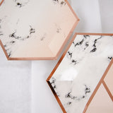 50 Pack | Blush/Rose Gold Marble 10/8inch Paper Plates, Disposable Hexagon Plates With Gold Foil Rim