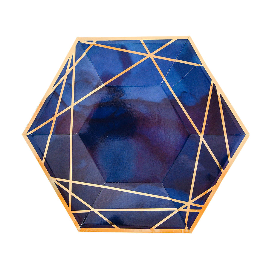 25 Pack | 9inch Navy Blue / Gold Hexagon Dinner Paper Plates, Geometric Party Plates#whtbkgd