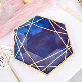 25 Pack | 9inch Navy Blue / Gold Hexagon Dinner Paper Plates, Geometric Disposable Party Plates
