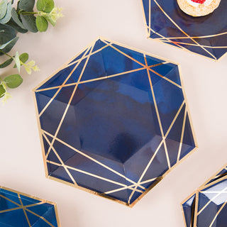 Navy Blue and Gold Hexagon Dinner Paper Plates - Elegant and Stylish Party Essentials