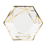 25 Pack | 9inch White / Gold Hexagon Dinner Paper Plates, Geometric Disposable Party Plates#whtbkgd