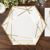 25 Pack | 9inch White / Gold Hexagon Dinner Paper Plates, Geometric Disposable Party Plates