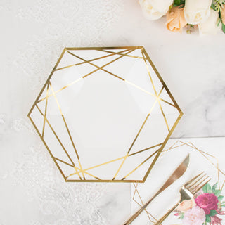 Chic and Stylish White/Gold Hexagon Dinner Paper Plates