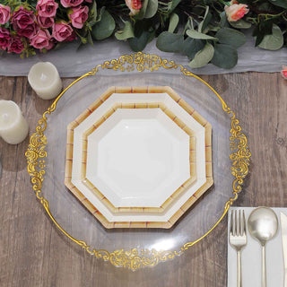 Stylish and Durable White Bamboo Print Rim Octagonal Dinner Paper Plates