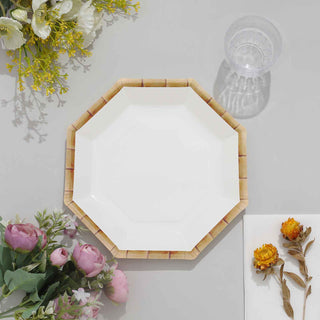 Elegant White Geometric Dinner Plates with Bamboo Print Rim