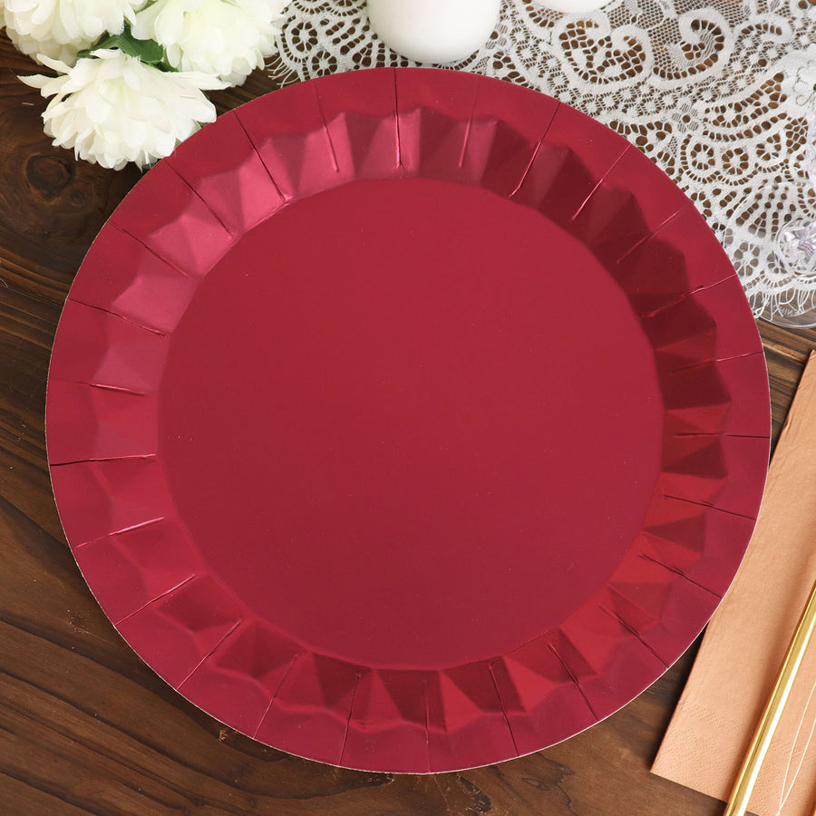 12inch Round Burgundy Geometric Foil Paper Charger Plates, Disposable Serving Trays - 400 GSM