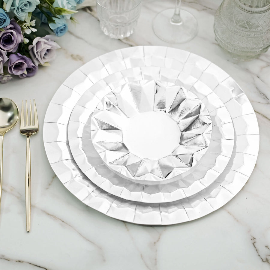 Metallic Silver Geometric Foil Paper Charger Plates, Disposable Serving Trays - 400 GSM
