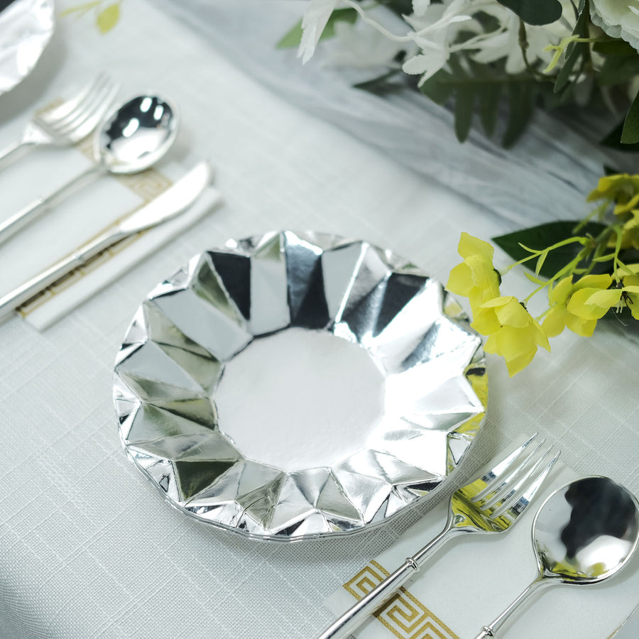 Geometric Metallic Silver Dessert Appetizer Paper Plates, Disposable Salad Party Plates - 400 GSM