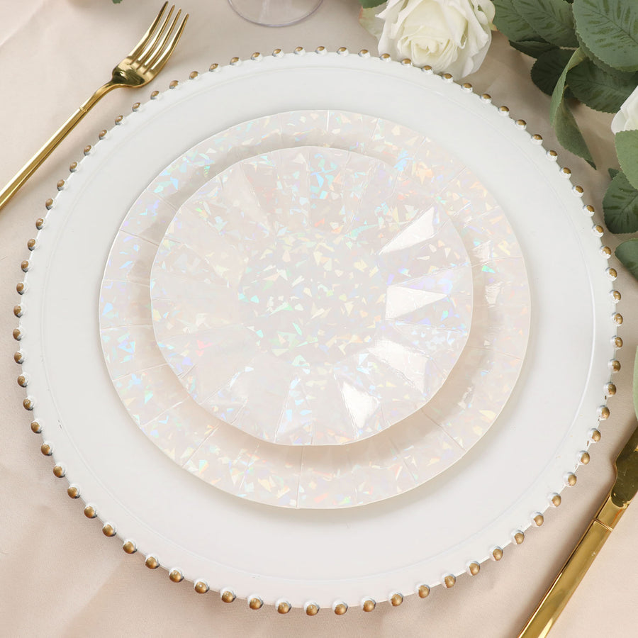25 Pack | 9inch Geometric Iridescent Foil Dinner Paper Plates, Disposable Party Plates - 400 GSM