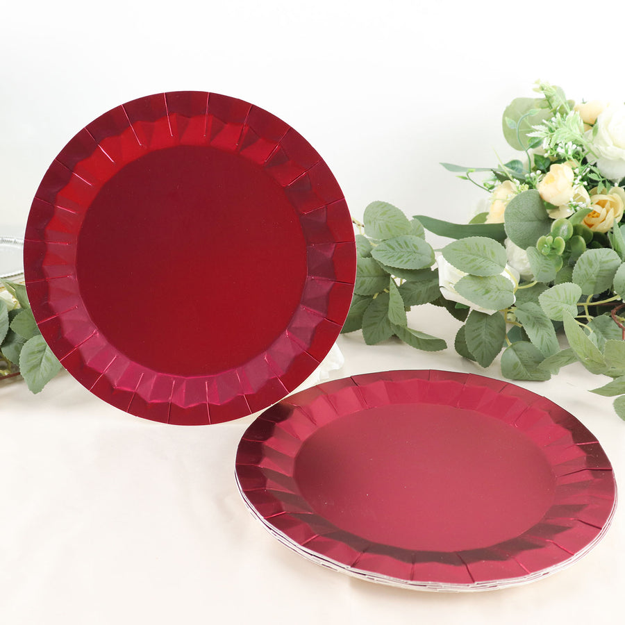 25 Pack | 9inch Geometric Burgundy Foil Dinner Paper Plates, Disposable Party Plates - 400 GSM
