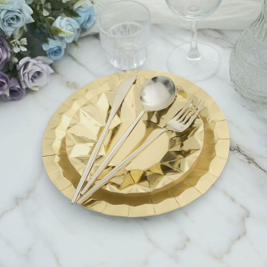 25 Pack | 9inch Geometric Metallic Gold Foil Dinner Paper Plates, Disposable Party Plates - 400 GSM