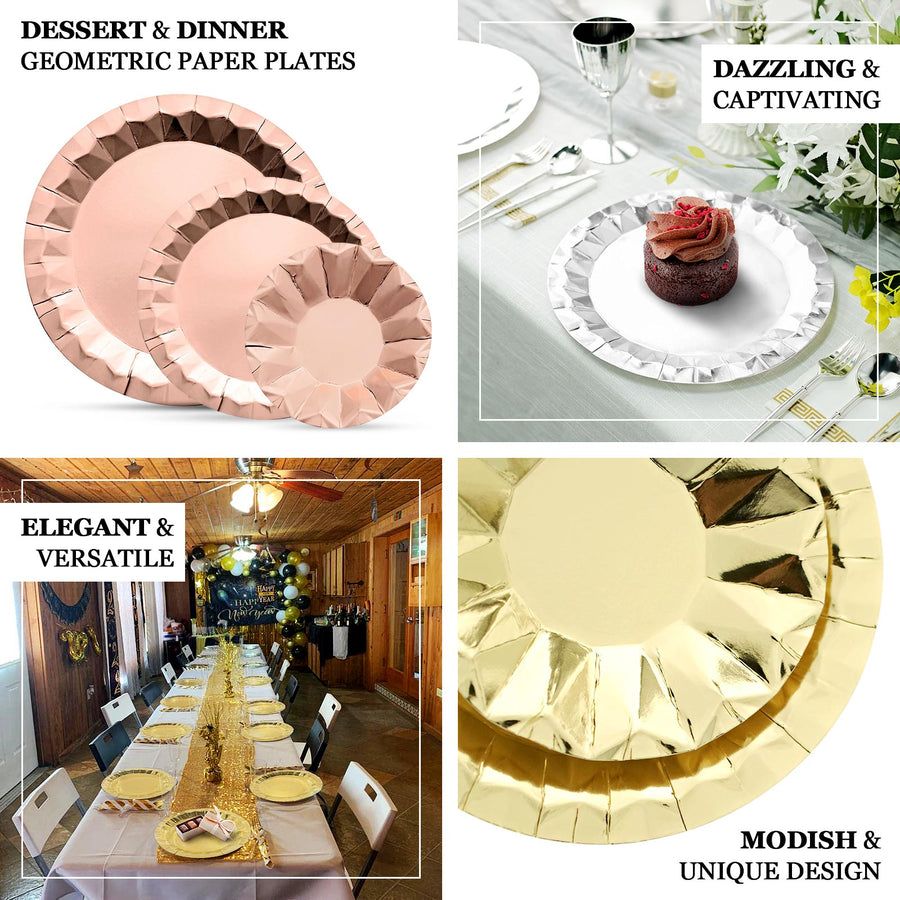 25 Pack | 9inch Geometric Metallic Gold Foil Dinner Paper Plates, Disposable Party Plates - 400 GSM