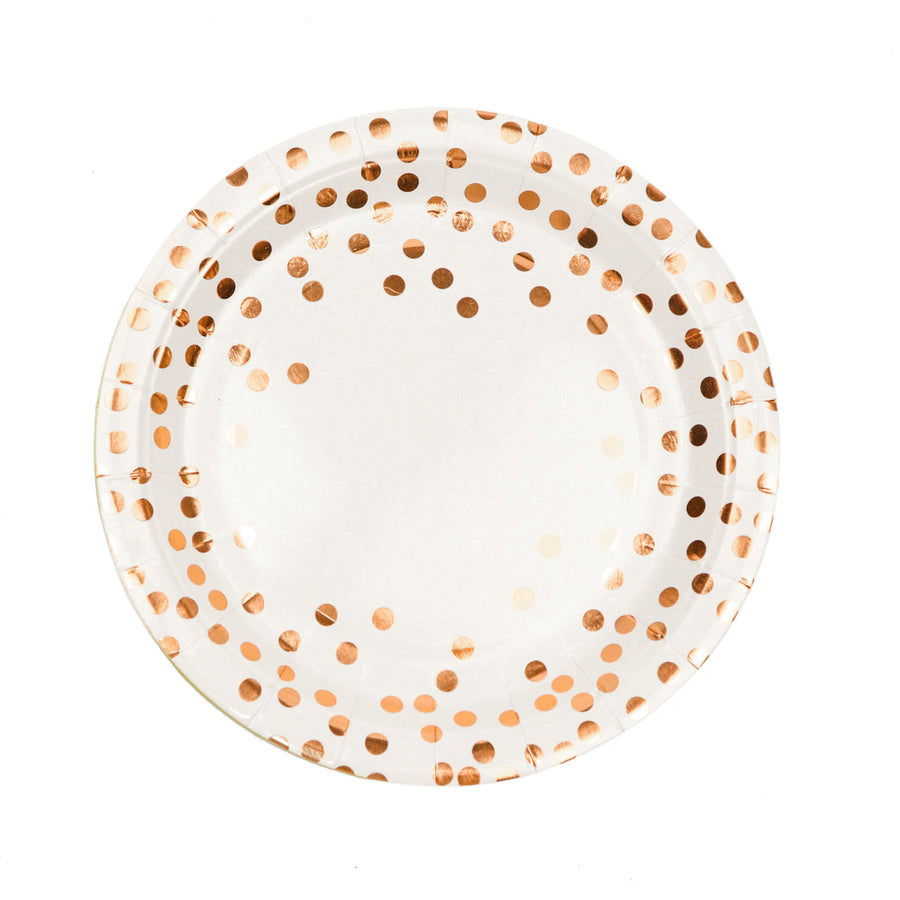 25 Pack | 7inch White Rose Gold Polka Dot Dessert Appetizer Paper Plates#whtbkgd