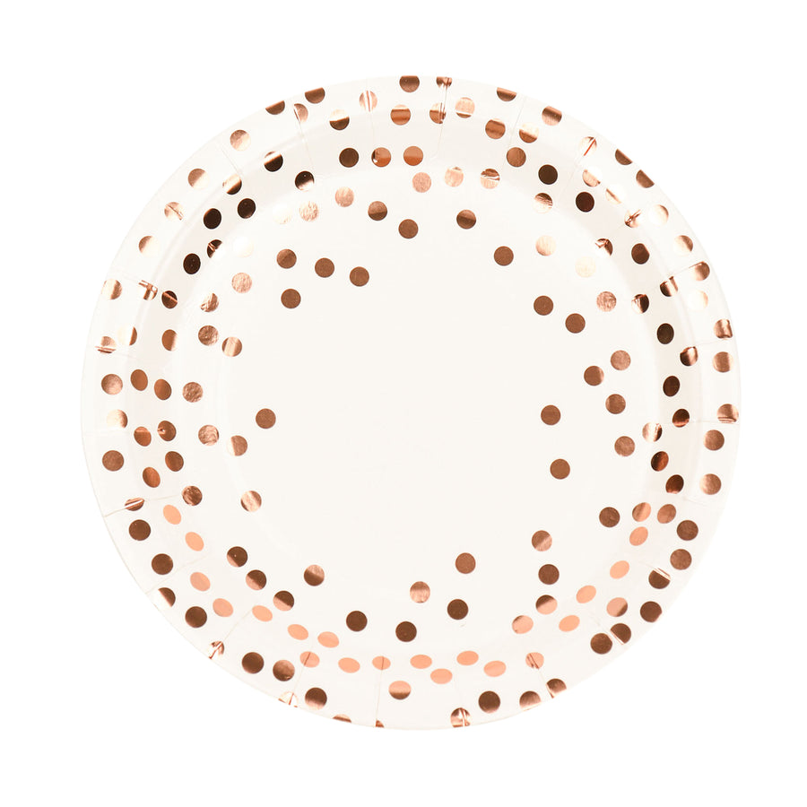 25 Pack | 9inch White Metallic Rose Gold Polka Dot Dinner Paper Plates#whtbkgd