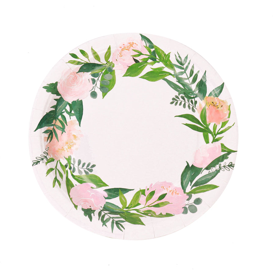 Rose/Peony 7inch Flower Wreath Dessert Appetizer Paper Plates, Disposable Party Plates#whtbkgd