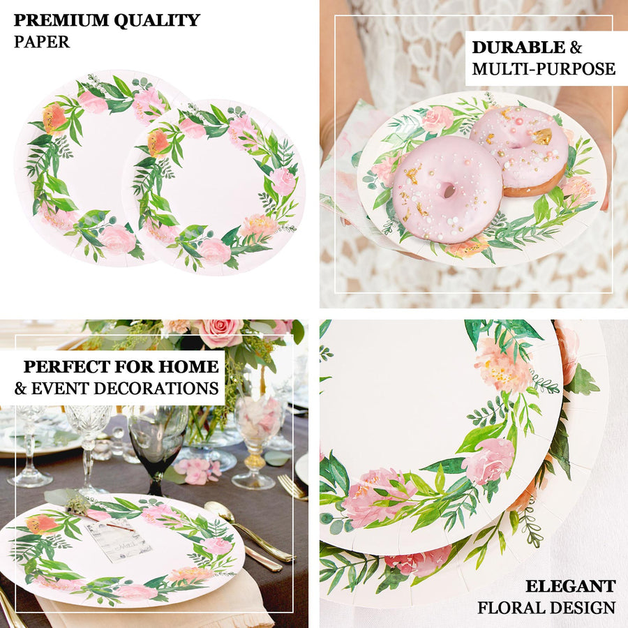 25 Pack | Rose/Peony 7inch Flower Wreath Dessert Appetizer Paper Plates, Disposable Party Plates