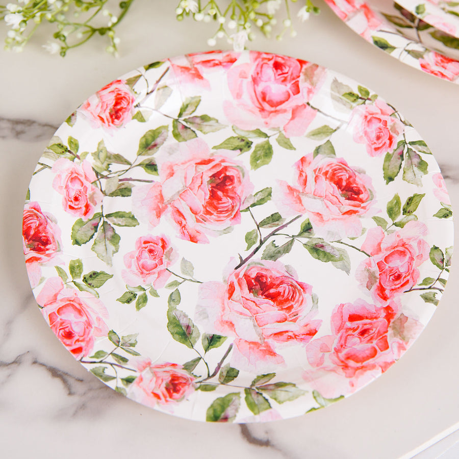 25 Pack | Rose 7inch Flower Bouquet Design Appetizer Dessert Salad Paper Plates - 300 GSM