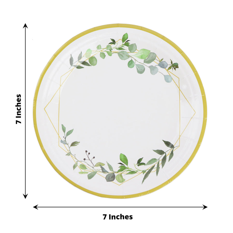 24 Pack | White 7inch Round Geometric Gold Rim Leaf Salad Paper Plates, Disposable Plates Eucalyptus