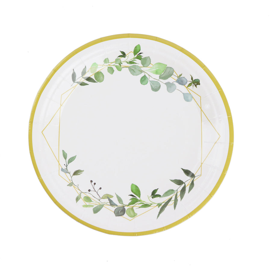 White 7inch Round Geometric Gold Rim Leaf Salad Paper Plates, Disposable Plates Eucalyptus#whtbkgd