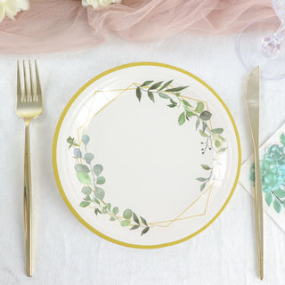 White 7" Round Geometric Gold Rim Leaf Salad Paper Plates - Elegant and Eco-Friendly