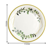 White 9inch Round Geometric Gold Rim Leaf Dinner Paper Plates, Disposable Plates Eucalyptus Print