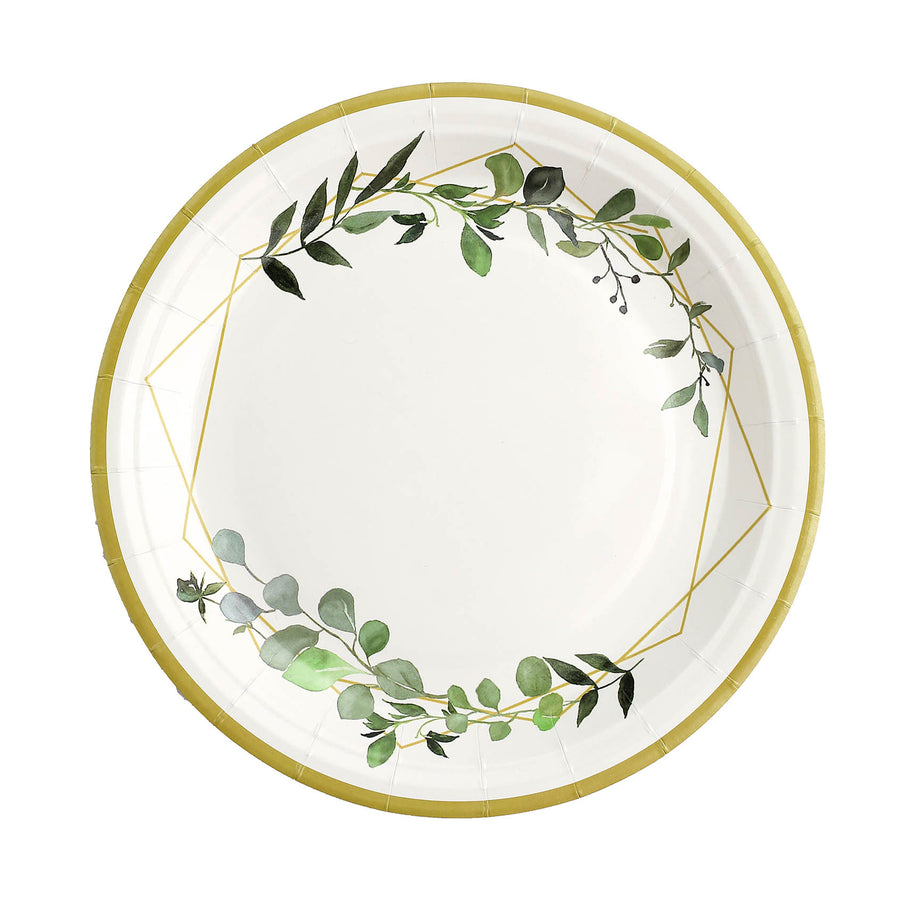 White Round Geometric Gold Rim Leaf Dinner Paper Plates, Disposable Plates Eucalyptus Print#whtbkgd
