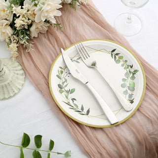 White 9" Round Geometric Gold Rim Leaf Dinner Paper Plates