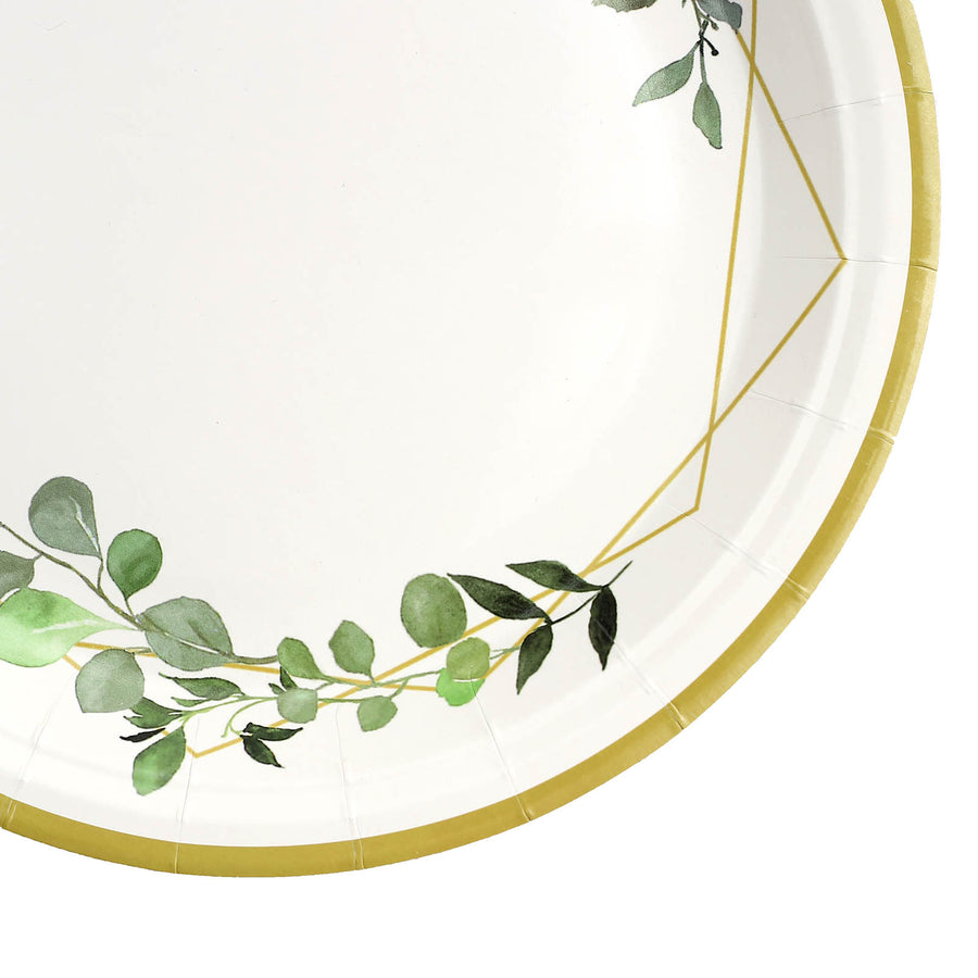 White 9inch Round Geometric Gold Rim Leaf Dinner Paper Plates, Disposable Plates Eucalyptus Print