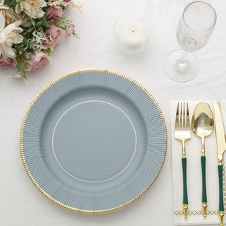 Dusty Blue Gold Rim Sunray Disposable Dinner Plates